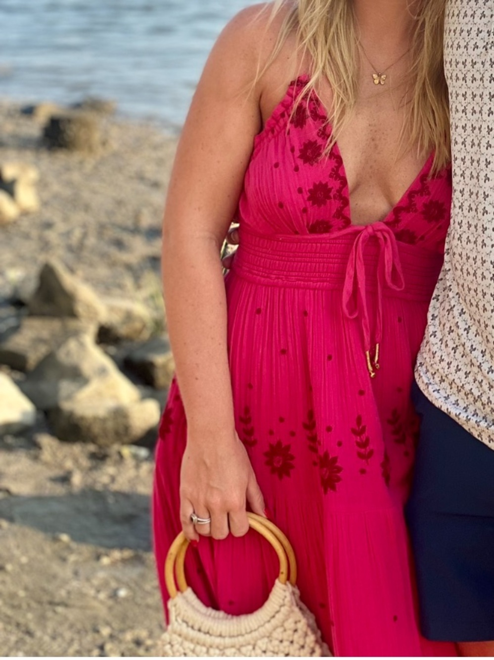 Free People Hot Pink Embroidered Halter Maxi Dress